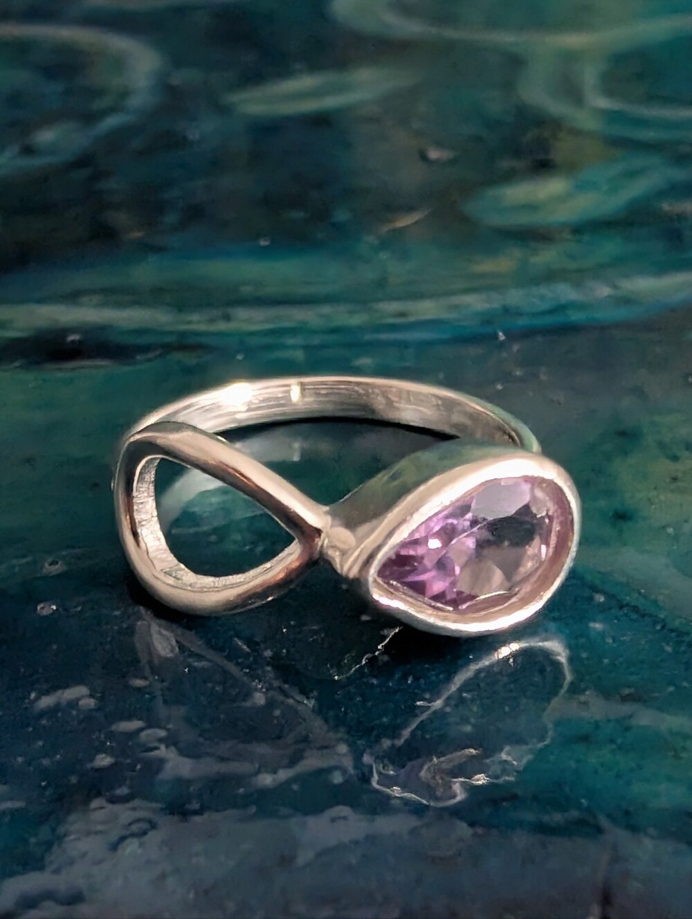 🆕 Sterling Silver Infinity Ring with Purple Amethyst Teardrop Stone Size 7